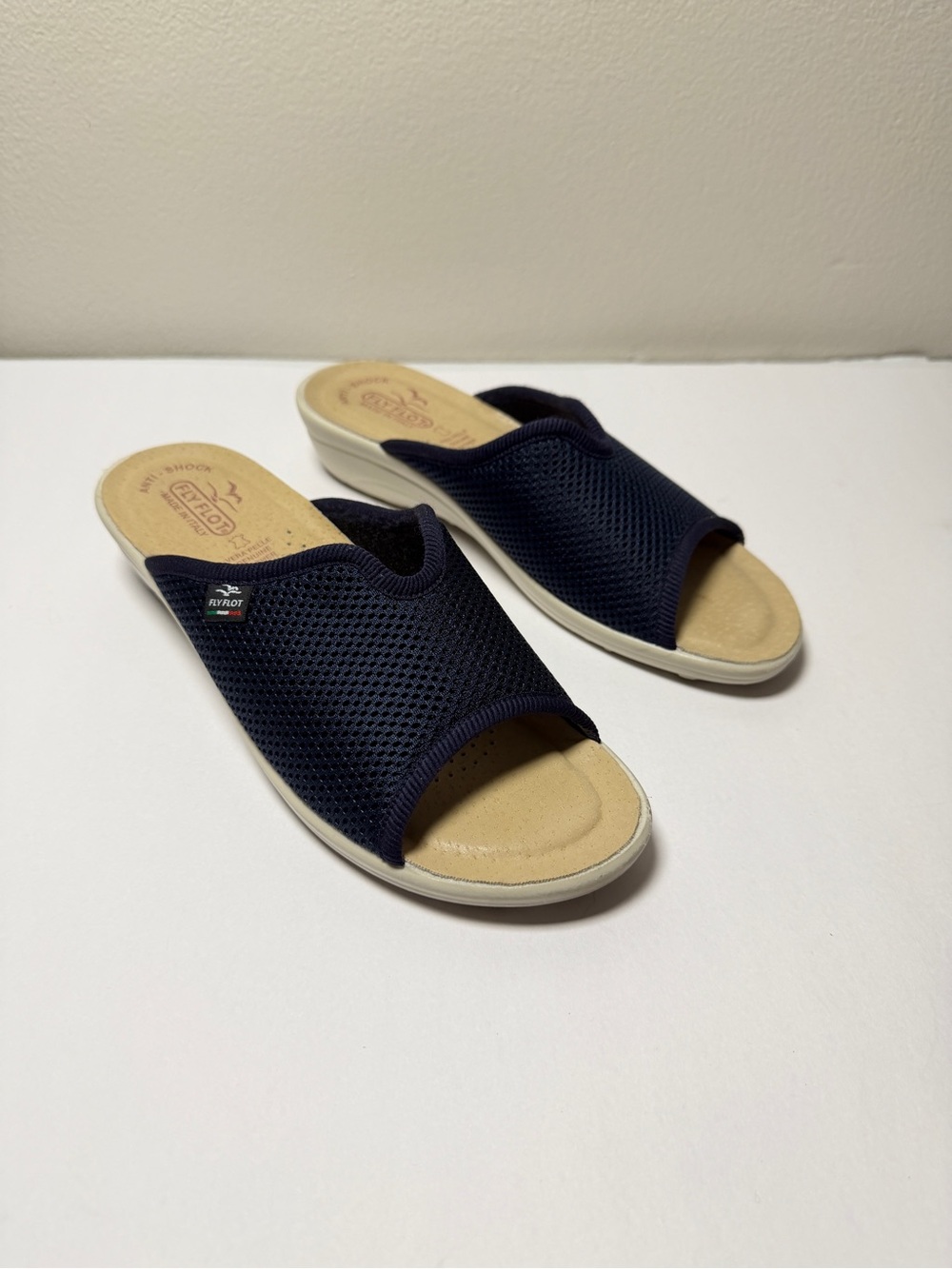 Fly Flot Navy Mesh Slide Sandals EU 39 Leather Footbed Low Wedge Made in Italy